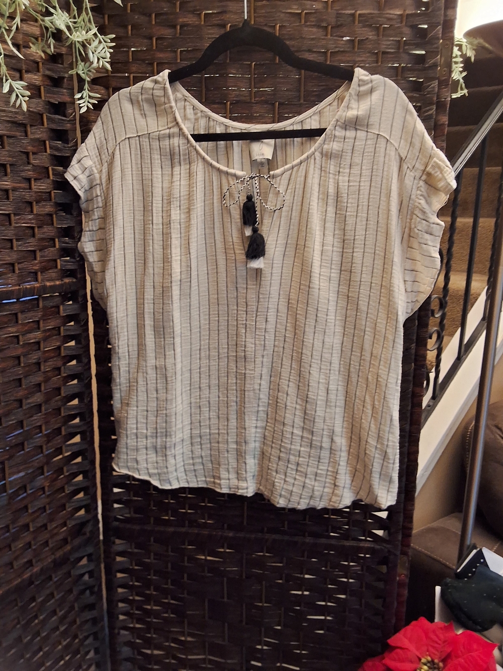 Joie Cream and Black Striped Short-Sleeve Tassel Top